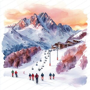 Op de afbeelding: Waterverfschilderij van een besneeuwde bergketen met skiërs en een skilift. De lucht is een mix van oranje en roze tinten. Gebouwen zijn genesteld op de berghelling en skiërs zijn zichtbaar op de pistes.
