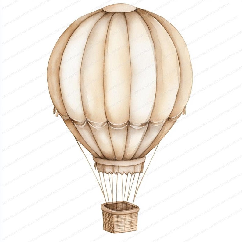 Op de afbeelding: Een beige aquarel-heteluchtballon met een rieten mand. De ballon heeft een witte streep rond het midden en is met bruine touwen aan de mand vastgemaakt.