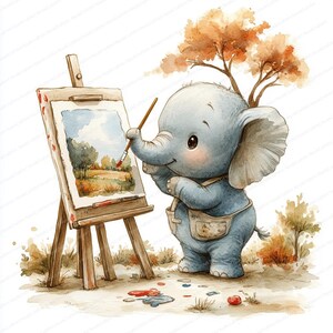 20 Elefant Malerei Clipart | Künstlerischer Elefant mit Staffelei | Druckbare Aquarell Clipart | Hochwertige JPGs | Papiermodell | Junk Journal