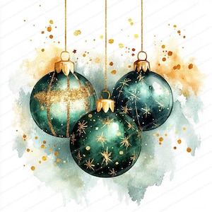 20 Christmas Card Clipart | Green and Gold Baubles Design | Printable Watercolor Clipart | High Quality JPG | Digital Download | Paper Craft