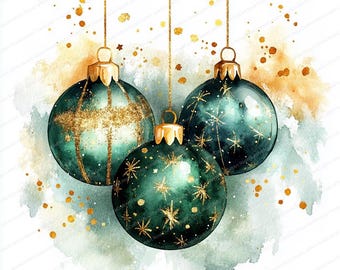 May include: Three teal Christmas baubles with gold glitter accents and gold caps hang from gold strings. The baubles have different gold glitter designs, including lines and starbursts. Watercolour background with gold flecks.