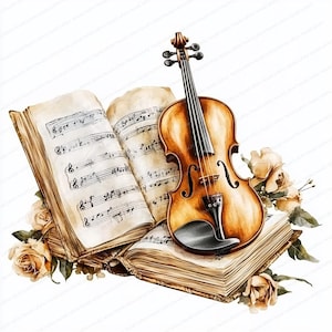 18 violines con partituras musicales, clipart de acuarela imprimible, archivos JPG de alta calidad, descarga digital, manualidades de papel, diario basura