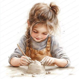 19 plasticine beeldhouwen meisje clipart | Creatieve kinderkunstillustratie | Afdrukbare aquarel clipart | Hoge kwaliteit JPG's | dagboek