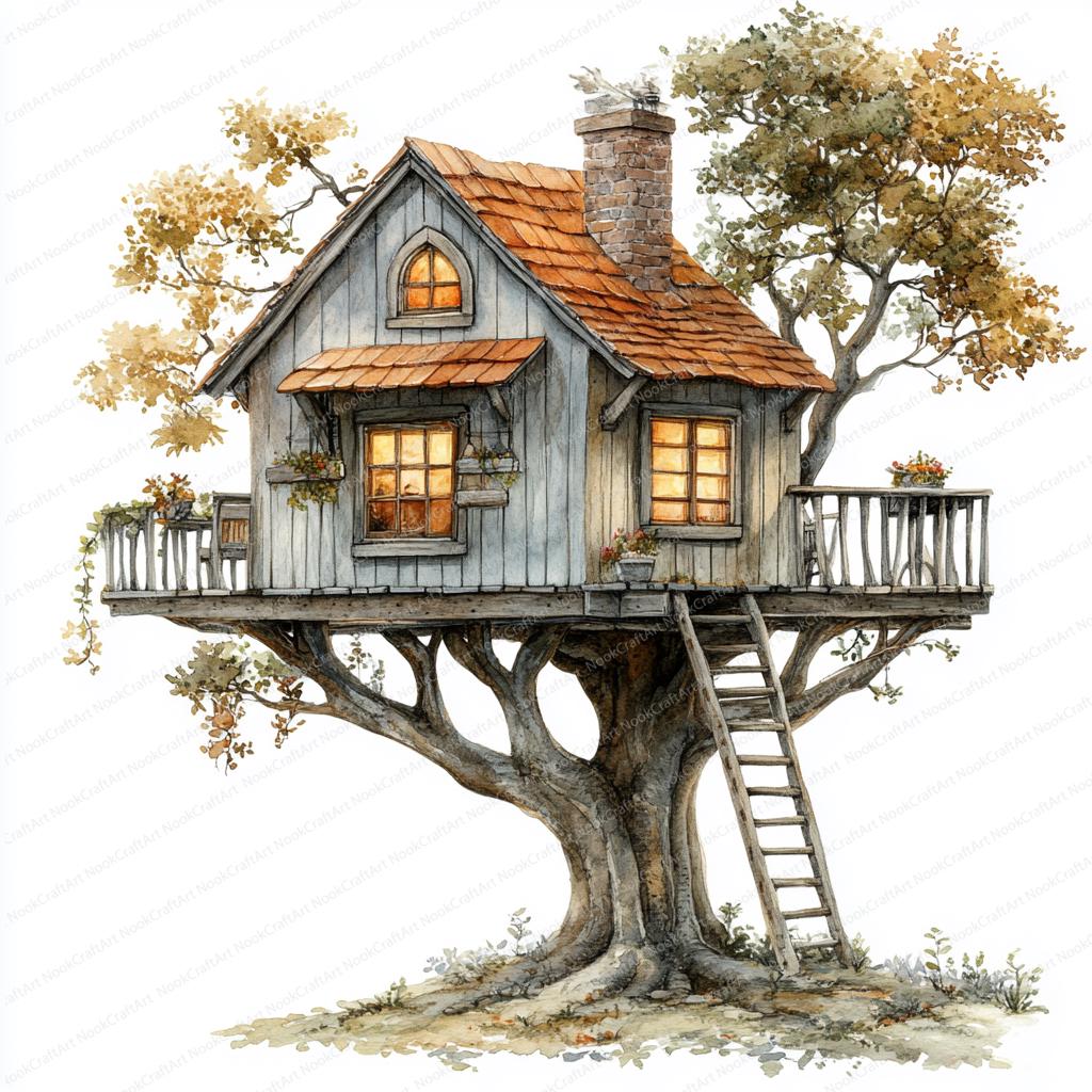 アクリル絵画　“Tree House” Treehouse Wall Art Print, Kids Room Wall Art Decor, Fairy