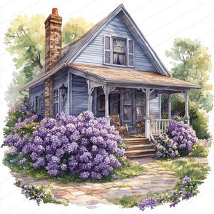 21 imágenes prediseñadas de flores lilas de una casa de campo / Ilustración rústica de un jardín primaveral / Imágenes prediseñadas de acuarela imprimibles / JPG de alta calidad / Diario