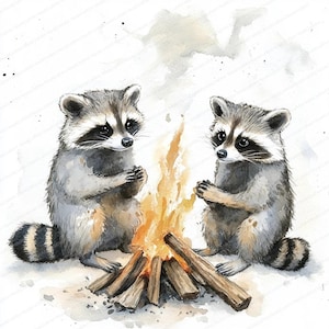 14 Clipart raton laveur près du feu de camp | Nuits douillettes | Clipart aquarelle imprimable | JPG de haute qualité | Téléchargement numérique | Créations en papier