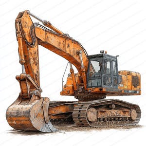 May include: A large orange excavator with a black cab and a large metal bucket. The excavator is on a dirt surface and has tracks.
