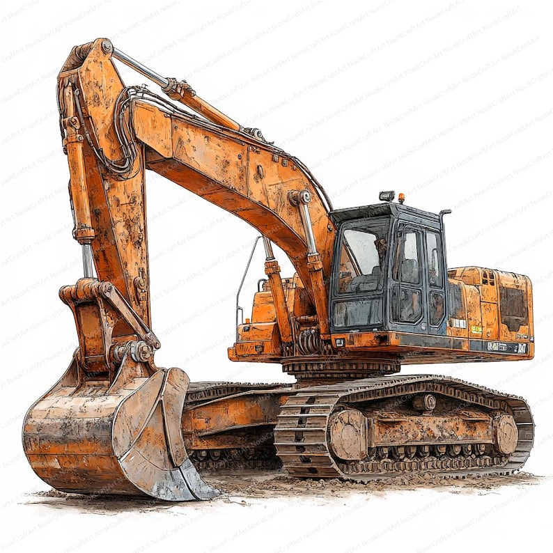 May include: A large orange excavator with a black cab and a large metal bucket. The excavator is on a dirt surface and has tracks.