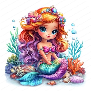 16 Magical Cute Mermaid Clipart | Cute Mermaid | Printable Watercolor clipart | High Quality JPGs | Digital download | Paper craft image 10