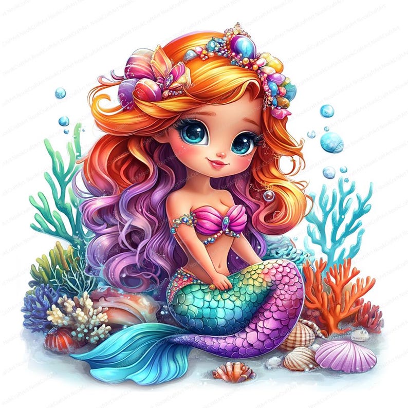 16 Magical Cute Mermaid Clipart | Cute Mermaid | Printable Watercolor clipart | High Quality JPGs | Digital download | Paper craft image 10