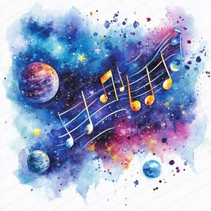 14 notas musicales en fondo cósmico / Clipart de música celestial / Clipart de acuarela imprimible / JPG de alta calidad / Manualidades de papel / Diario