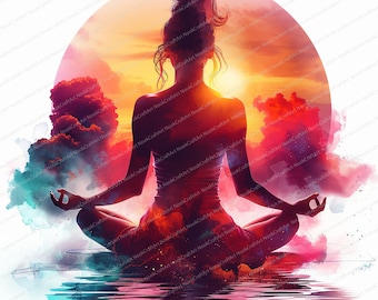 May include: A silhouette of a person meditating in a lotus pose against a colorful sunset background. The person is surrounded by clouds and the sunset is reflected in the water below.