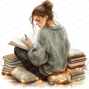 May include: Watercolor illustration of a person reading a book while sitting on pillows and surrounded by stacks of books. The person wears a light green sweater and has their hair up in a bun. Fairy lights are wrapped around the pillows.