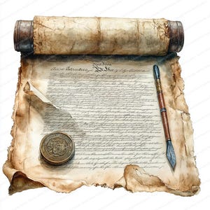 May include: Watercolor illustration of a parchment scroll with aged paper texture. The scroll is partially unrolled, revealing handwritten text, a wax seal, and a quill pen. The scroll is rolled up with leather ends.