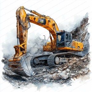 May include: A yellow Caterpillar excavator with a large bucket is digging in a pile of rocks. The excavator is on a dirt road and the background is a watercolor painting of a mountain.
