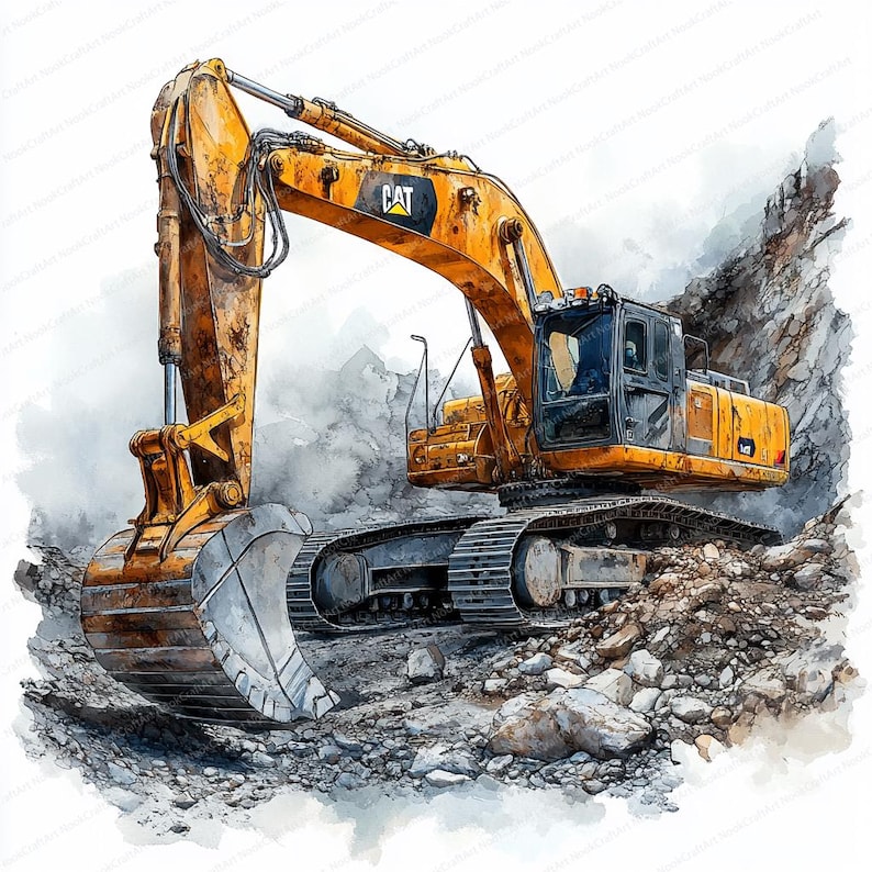 May include: A yellow Caterpillar excavator with a large bucket is digging in a pile of rocks. The excavator is on a dirt road and the background is a watercolor painting of a mountain.
