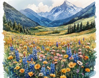 20 野生の花畑のクリップアート | 花が咲く山のイラスト | 印刷可能な