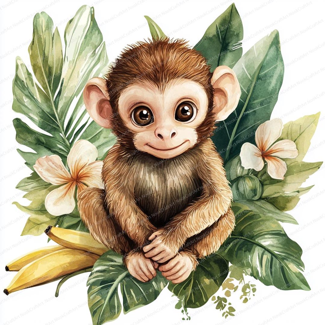 19 Monkey Clipart With Blooming Banana Tree | Charming Jungle Digital ...