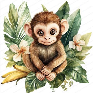 19 cliparts singe avec bananier en fleurs | Art numérique de la jungle charmante | Clipart aquarelle imprimable | JPG de haute qualité | Journal indésirable