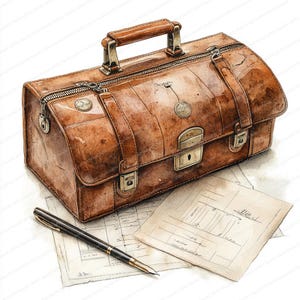 May include: A watercolor illustration of a vintage brown leather doctor's bag with a top handle, metal hardware, and a lock. The bag is resting on top of old papers and a pen.