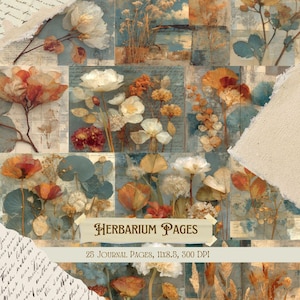 May include: A collage of floral and botanical images in shades of cream, orange, and blue. The design includes a banner that reads "Herbarium Pages" and text that says "25 Journal Pages, 11x8.5, 300 DPI".