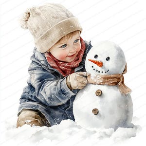 18 Clipart enfant et bonhomme de neige | Illustrations d'enfants en hiver | Clipart aquarelle imprimable | JPG de haute qualité | Créations en papier | Journal indésirable