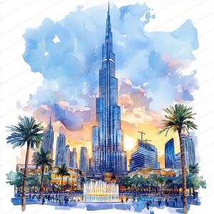 May include: Watercolor painting of the Burj Khalifa in Dubai, a tall skyscraper with a blue glass facade. The artwork depicts the building against a sunset sky with palm trees and a fountain in the foreground.