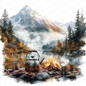 May include: Watercolor painting of a campsite scene with a mountain backdrop. A metal kettle sits on a plaid blanket near a campfire with two metal cups. The scene is set by a lake with trees and a mountain range in the background.