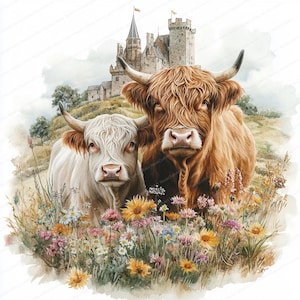 May include: Two Highland cows stand in a field of wildflowers, with a medieval castle in the background. The cow on the left is white with brown markings, while the cow on the right is brown with a long, shaggy coat.