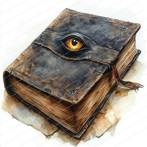 Könnte beinhalten: Aquarellillustration eines verwitterten, antiken Buches mit einem großen, goldenen Auge auf dem Einband. Das Buch hat einen dunkelblauen Einband, gealterte Seiten und ein braunes Lesebändchen. Das Thema ist Fantasy und Magie.