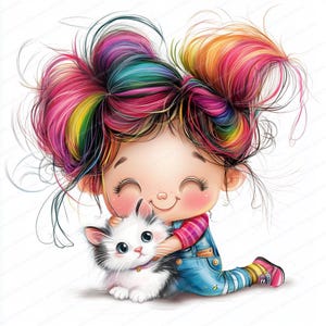 18 Quirky Girl Clipart | Sweet Girl with Cat and Puppy | Printable Watercolor clipart | High Quality JPGs | Paper craft | junk journal image 6
