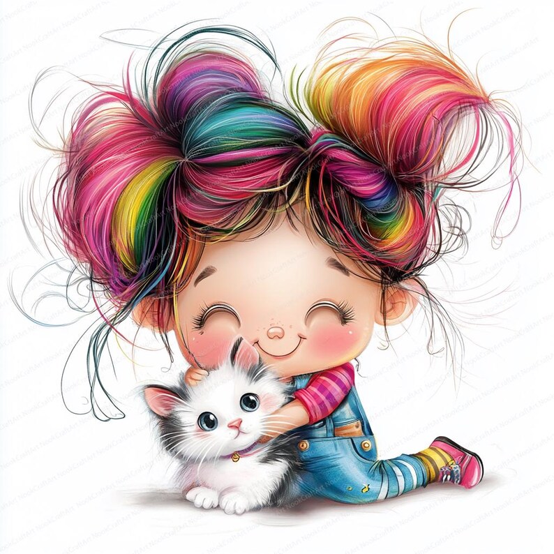 18 Quirky Girl Clipart | Sweet Girl with Cat and Puppy | Printable Watercolor clipart | High Quality JPGs | Paper craft | junk journal image 6