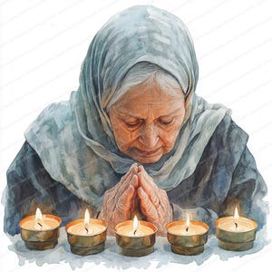 May include: Watercolour painting of an elderly person wearing a headscarf, with hands clasped in prayer. Five lit candles in small gold holders are in front of the person, creating a serene and spiritual scene.