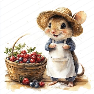 Könnte beinhalten: Aquarellillustration einer Maus mit Strohhut und Schürze, neben einem Korb voller roter Erdbeeren und Blaubeeren. Die Maus lächelt und erzeugt eine skurrile, märchenhafte Atmosphäre.