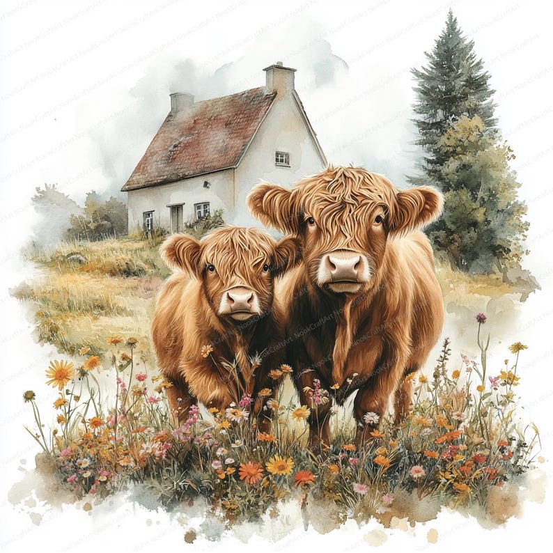 May include: Two brown Highland cattle stand in a field of wildflowers in front of a white cottage with a brown roof. The cattle are looking at the camera.