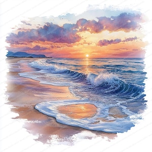 Puede incluir: Pintura a la acuarela de una escena de playa al atardecer. El cielo está lleno de nubes rosas, naranjas y moradas, con el sol poniéndose sobre el océano. Las olas rompen en la orilla arenosa, creando espuma blanca. Un paisaje costero sereno y colorido.