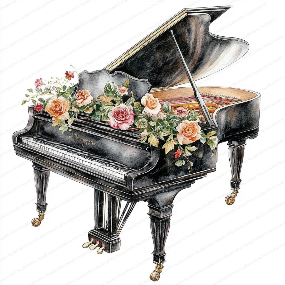 アート・デザイン・音楽 Foujita Grand fond blanc 14 Floral Grand Piano Illustrations | Piano Clipart | Printable
