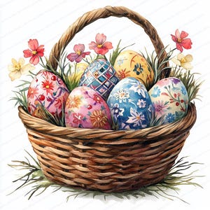 20 Clipart di cestini di uova di Pasqua / Illustrazioni colorate per le vacanze di primavera / Clipart di acquerelli stampabili / JPG di alta qualità / Lavoretti di carta