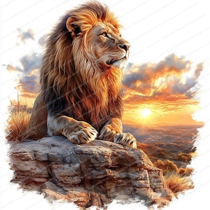 16 cliparts Lion avec portrait de terrain au coucher du soleil | Portrait de lion | Clipart aquarelle imprimable | JPG de haute qualité | Créations en papier | Journal indésirable