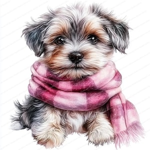 18 冬の子犬のクリップアート | スカーフをつけたかわいい犬のアート | 印刷可能な水彩画のクリップアート | 高品質の JPG | ペーパークラフト | ジャンクジャーナル