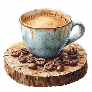 May include: A blue ceramic coffee mug with a brown rim and a brown handle, filled with coffee, sitting on a wooden coaster with coffee beans scattered around it.