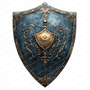 May include: A blue and gold medieval shield with a decorative design and a small gold crest in the center.