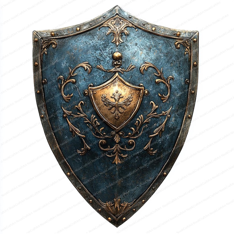 May include: A blue and gold medieval shield with a decorative design and a small gold crest in the center.