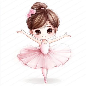 May include: A cartoon illustration of a ballerina with brown hair, wearing a pink tutu and pink ballet shoes. She has a flower crown on her head and is smiling.