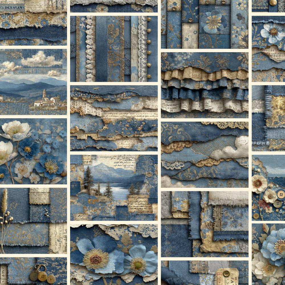 Denim Junk Journal Kit | Vintage Blue Fabric Collage Sheets | Patchwork ...