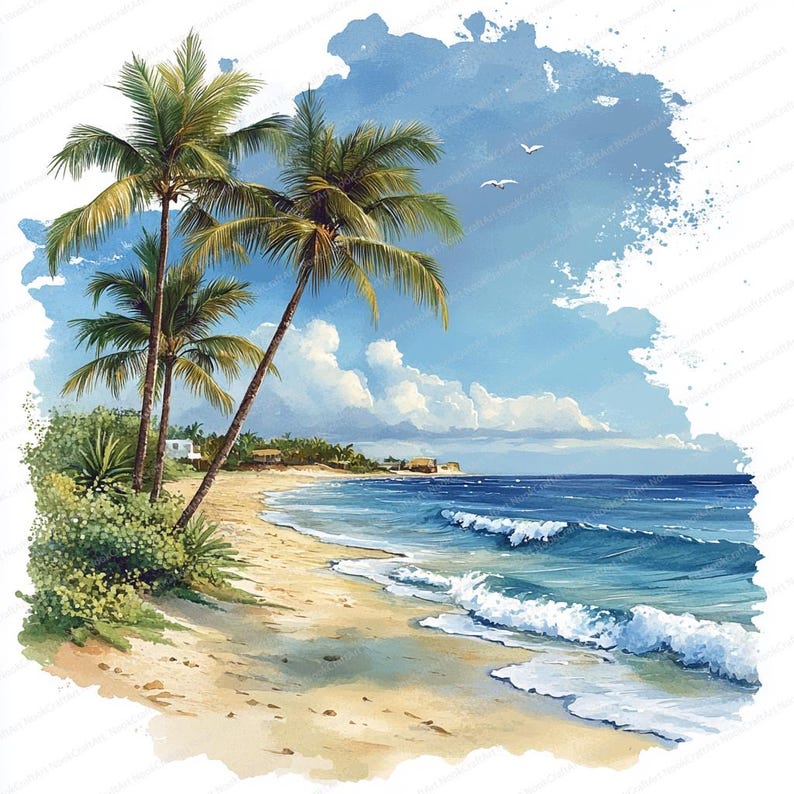 21 Tropical Beach Wave Clipart | Palm Tree Coastal Scene | Printable ...