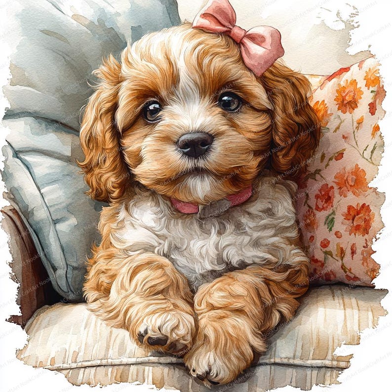 Cavapoo With Pink Bow Clipart: Watercolor Dog Illustration (JPG Files ...