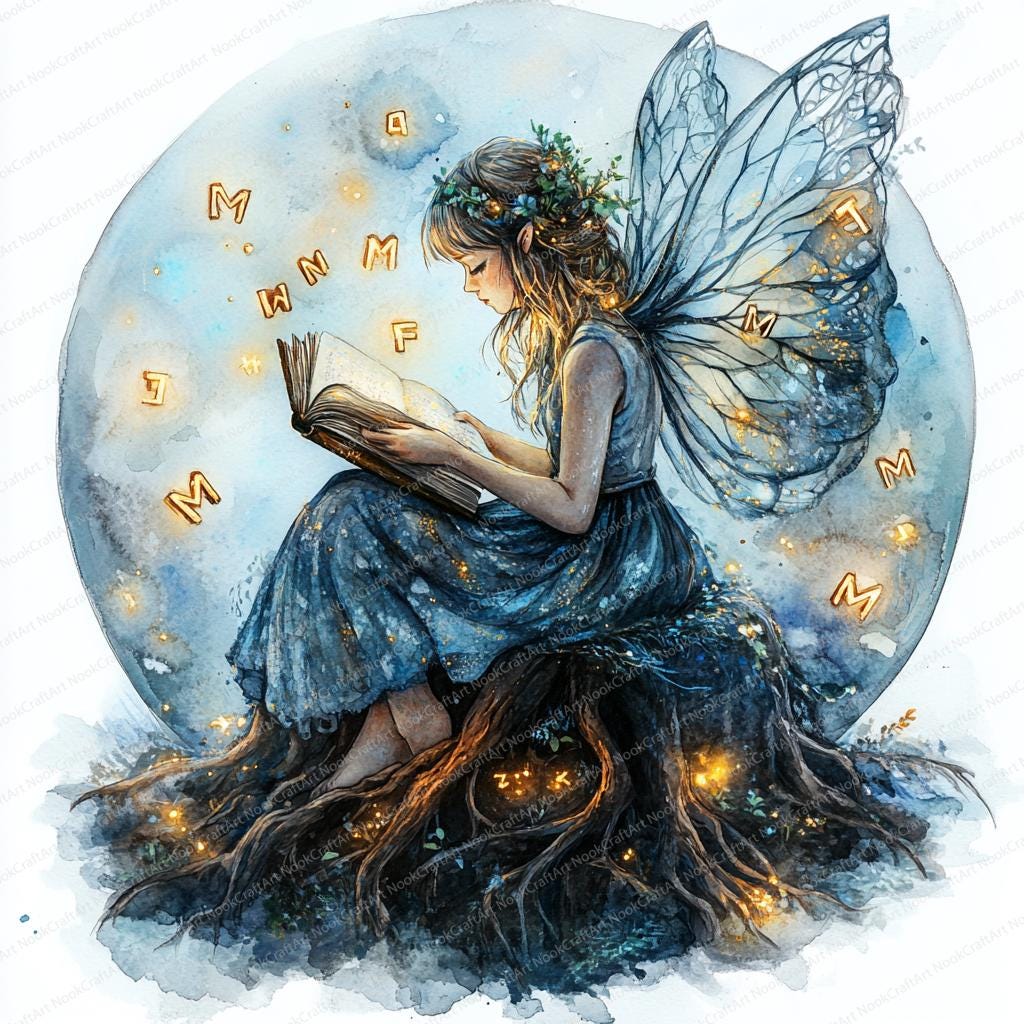 18 妖精と本のイラスト | 魅惑的な読書イラスト | 印刷可能な水彩画の