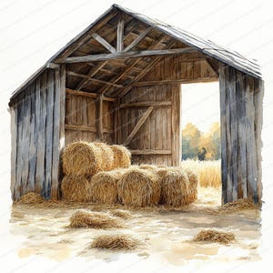 18 Clipart di pagliaio in fienile / Set di illustrazioni di fattoria rustica / Clipart di acquerelli stampabili / JPG di alta qualità / Artigianato di carta / Diario di spazzatura
