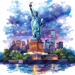 18 Estátua da Liberdade Clipart de Noite | Cena Noturna do Horizonte de Nova York | Clipart de Aquarela para Impressão | JPGs de Alta Qualidade | Diário de Lixo